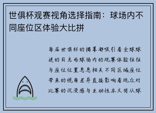 世俱杯观赛视角选择指南：球场内不同座位区体验大比拼